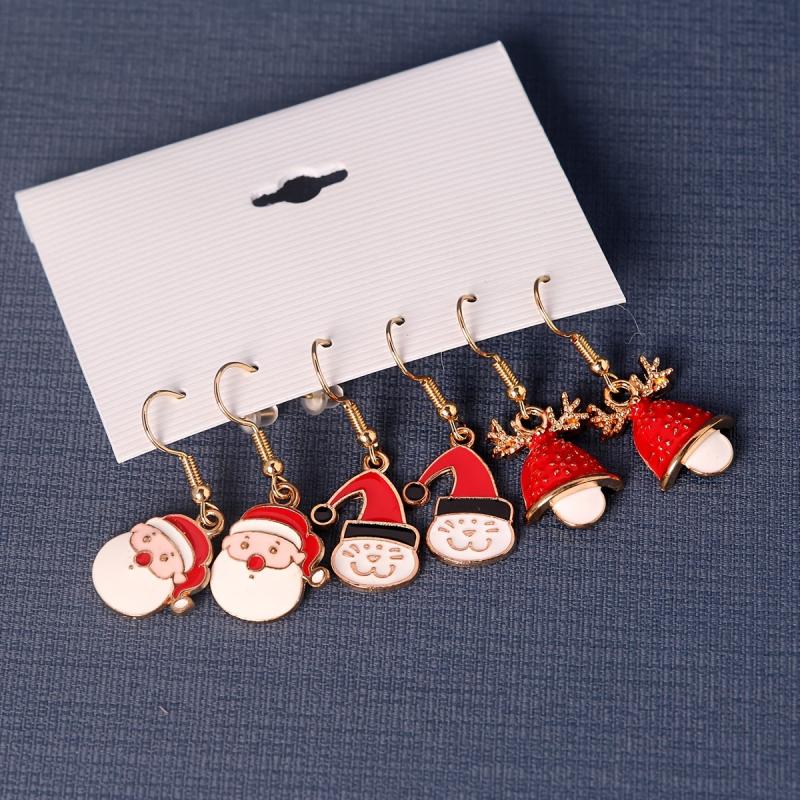 3 Pairs Christmas Enamel Dangle Earrings Santa Elk Cat Cartoon Style Gift