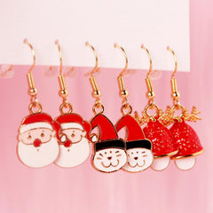 3 Pairs Christmas Enamel Dangle Earrings Santa Elk Cat Cartoon Style Gift