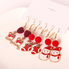 Christmas Enamel Dangle Earrings 3 Pairs Set Cartoon Style Female Gift
