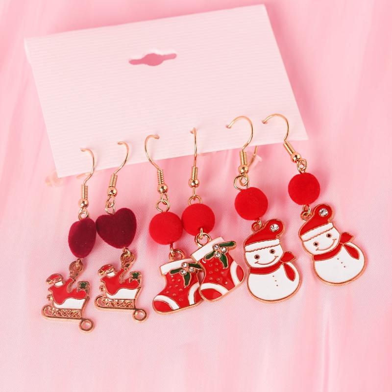 Christmas Enamel Dangle Earrings 3 Pairs Set Cartoon Style Female Gift