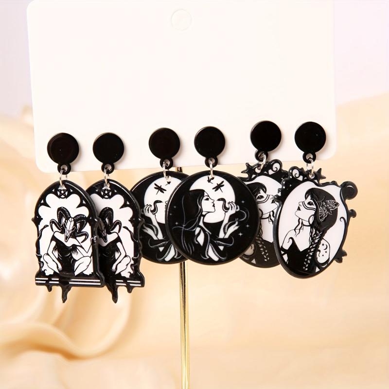 3 Pairs Halloween Monster Dangle Earrings Retro Goth Style Acrylic Jewelry