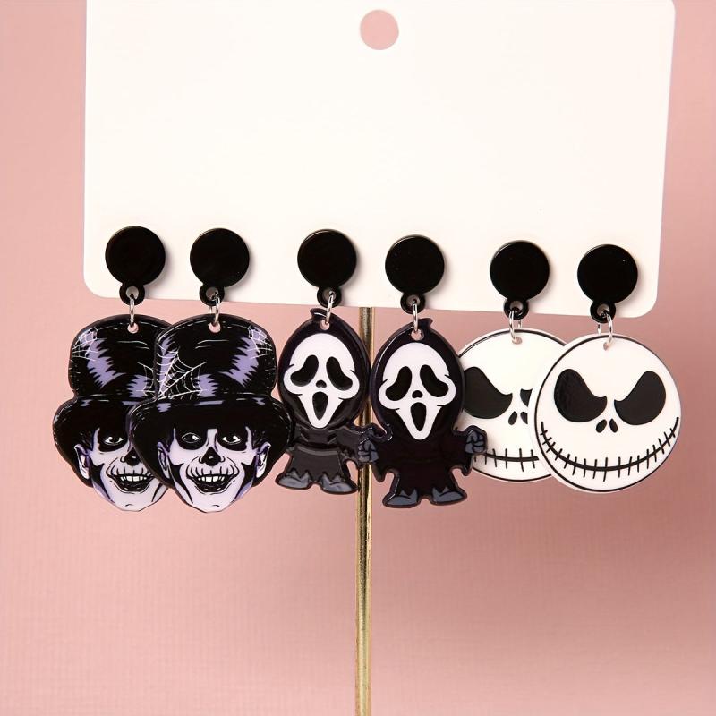 3 Pairs Halloween Witch Death Skull Dangle Earrings Retro Acrylic Jewelry