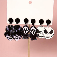 3 Pairs Halloween Witch Death Skull Dangle Earrings Retro Acrylic Jewelry