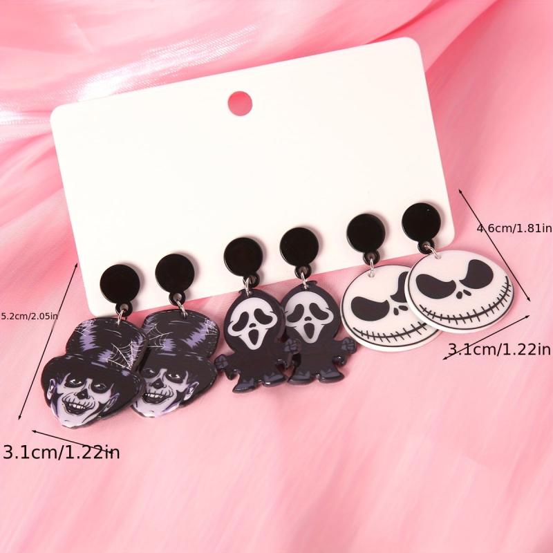 3 Pairs Halloween Witch Death Skull Dangle Earrings Retro Acrylic Jewelry