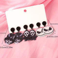 3 Pairs Halloween Witch Death Skull Dangle Earrings Retro Acrylic Jewelry