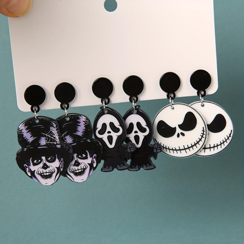 3 Pairs Halloween Witch Death Skull Dangle Earrings Retro Acrylic Jewelry