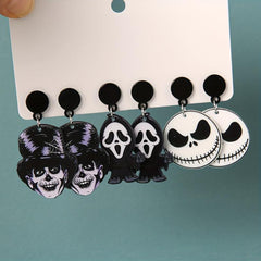 3 Pairs Halloween Witch Death Skull Dangle Earrings Retro Acrylic Jewelry