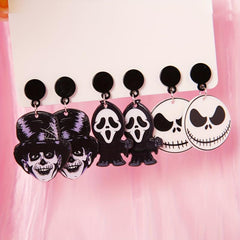 3 Pairs Halloween Witch Death Skull Dangle Earrings Retro Acrylic Jewelry