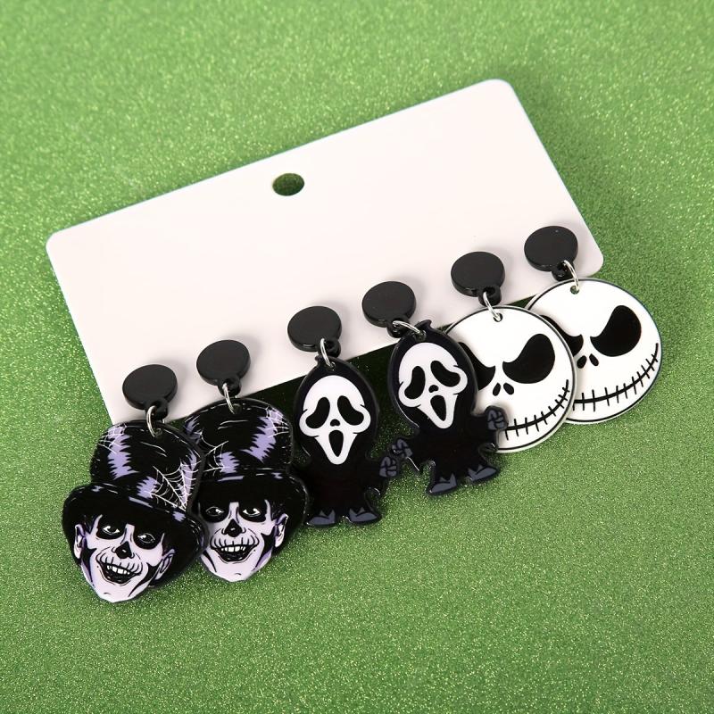 3 Pairs Halloween Witch Death Skull Dangle Earrings Retro Acrylic Jewelry