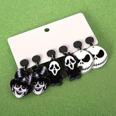 3 Pairs Halloween Witch Death Skull Dangle Earrings Retro Acrylic Jewelry