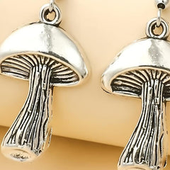 Vintage Silver Mushroom Drop Earrings Vegetarian Lover Jewelry