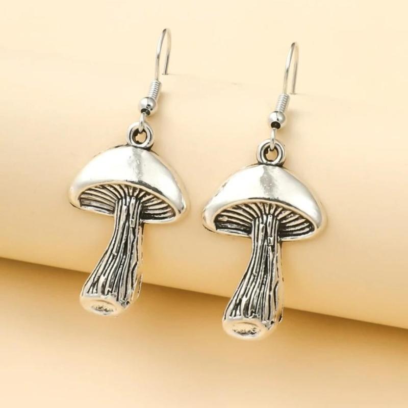 Vintage Silver Mushroom Drop Earrings Vegetarian Lover Jewelry