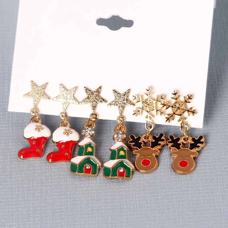 3 Pairs Christmas Enamel Dangle Earrings Set - Adorable Female Gift
