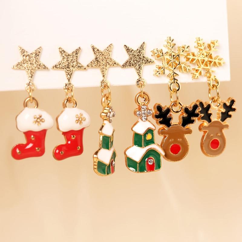 3 Pairs Christmas Enamel Dangle Earrings Set - Adorable Female Gift
