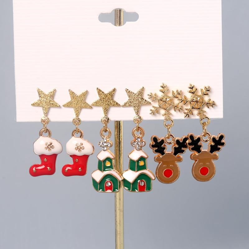 3 Pairs Christmas Enamel Dangle Earrings Set - Adorable Female Gift