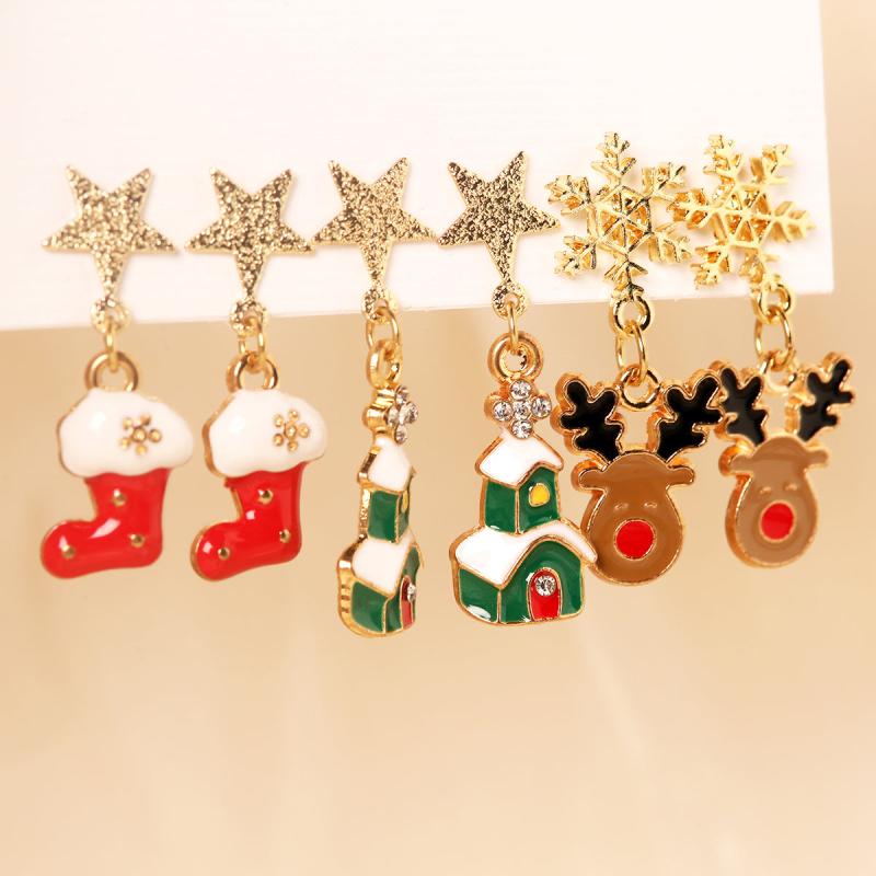3 Pairs Christmas Enamel Dangle Earrings Set - Adorable Female Gift