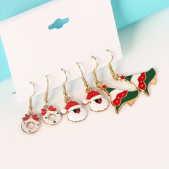 3 Pairs Set Christmas Enamel Dangle Earrings Donut Santa Claus Tree Retro