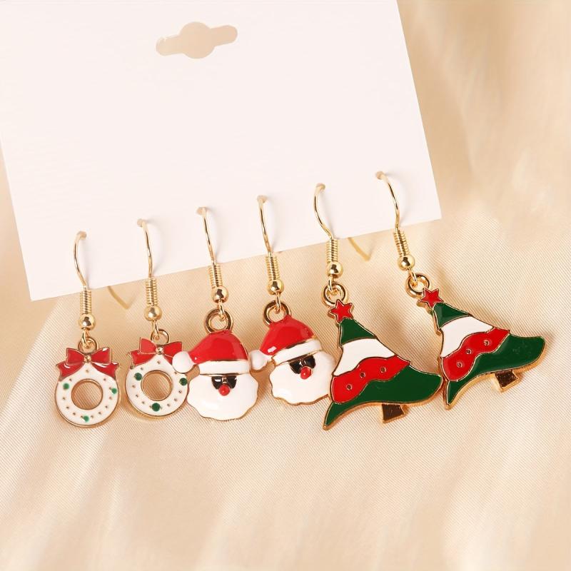 3 Pairs Set Christmas Enamel Dangle Earrings Donut Santa Claus Tree Retro