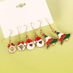 3 Pairs Set Christmas Enamel Dangle Earrings Donut Santa Claus Tree Retro