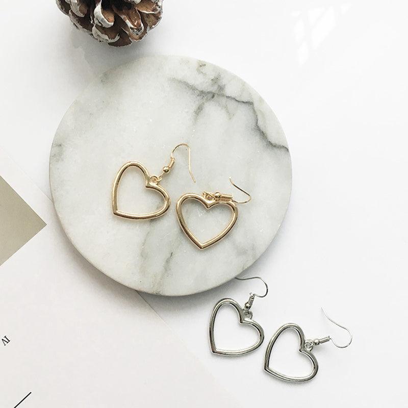 Golden Silvery Hollow Heart Shape Dangle Earrings 18K Plated Jewelry