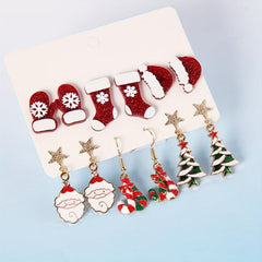Christmas Earrings Set Santa Claus Cane Tree Ear Jewelry Female Gift