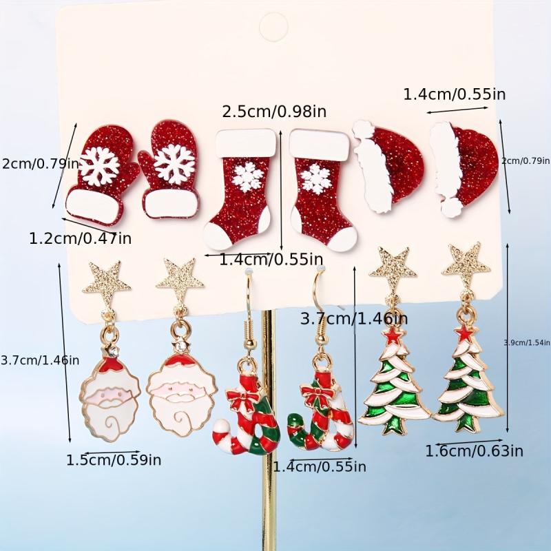 Christmas Earrings Set Santa Claus Cane Tree Ear Jewelry Female Gift
