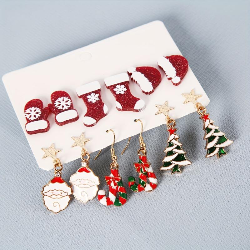 Christmas Earrings Set Santa Claus Cane Tree Ear Jewelry Female Gift
