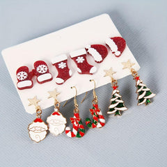 Christmas Earrings Set Santa Claus Cane Tree Ear Jewelry Female Gift