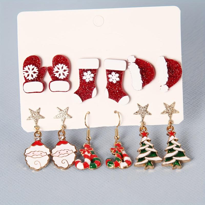 Christmas Earrings Set Santa Claus Cane Tree Ear Jewelry Female Gift