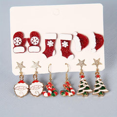 Christmas Earrings Set Santa Claus Cane Tree Ear Jewelry Female Gift