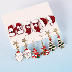 Christmas Earrings Set Santa Claus Cane Tree Ear Jewelry Female Gift