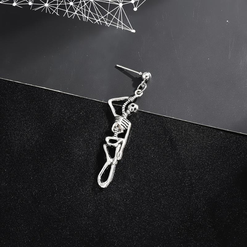 Halloween Skeleton Chain Asymmetric Dangle Earrings Retro Goth Style Jewelry