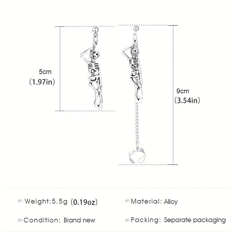 Halloween Skeleton Chain Asymmetric Dangle Earrings Retro Goth Style Jewelry