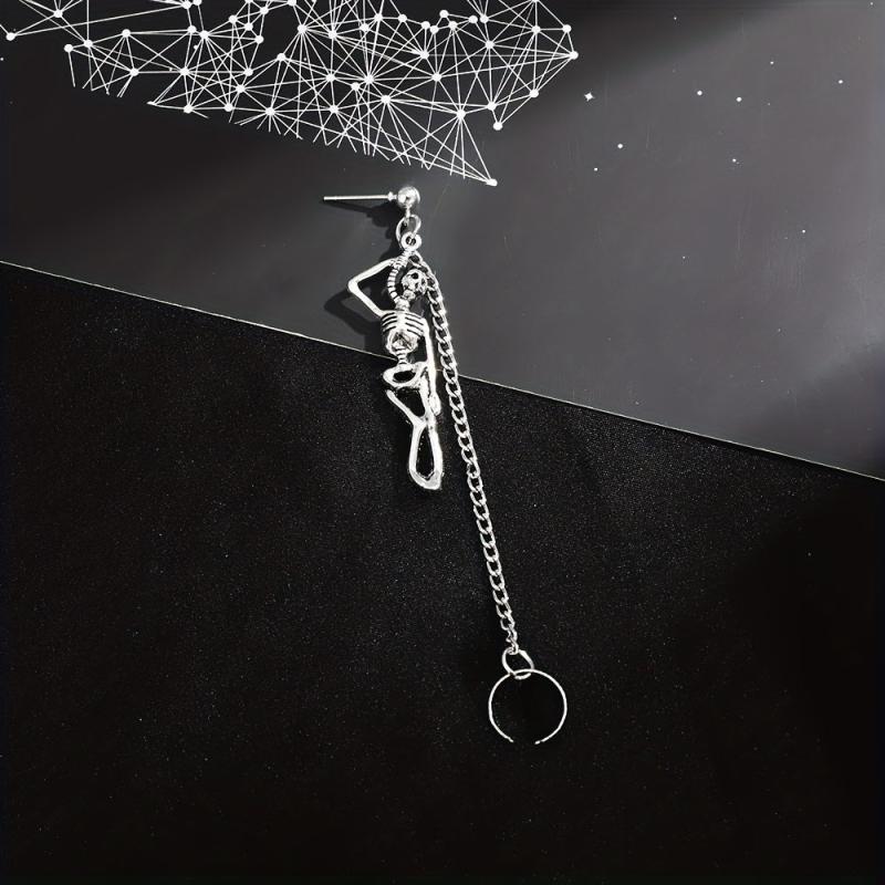 Halloween Skeleton Chain Asymmetric Dangle Earrings Retro Goth Style Jewelry