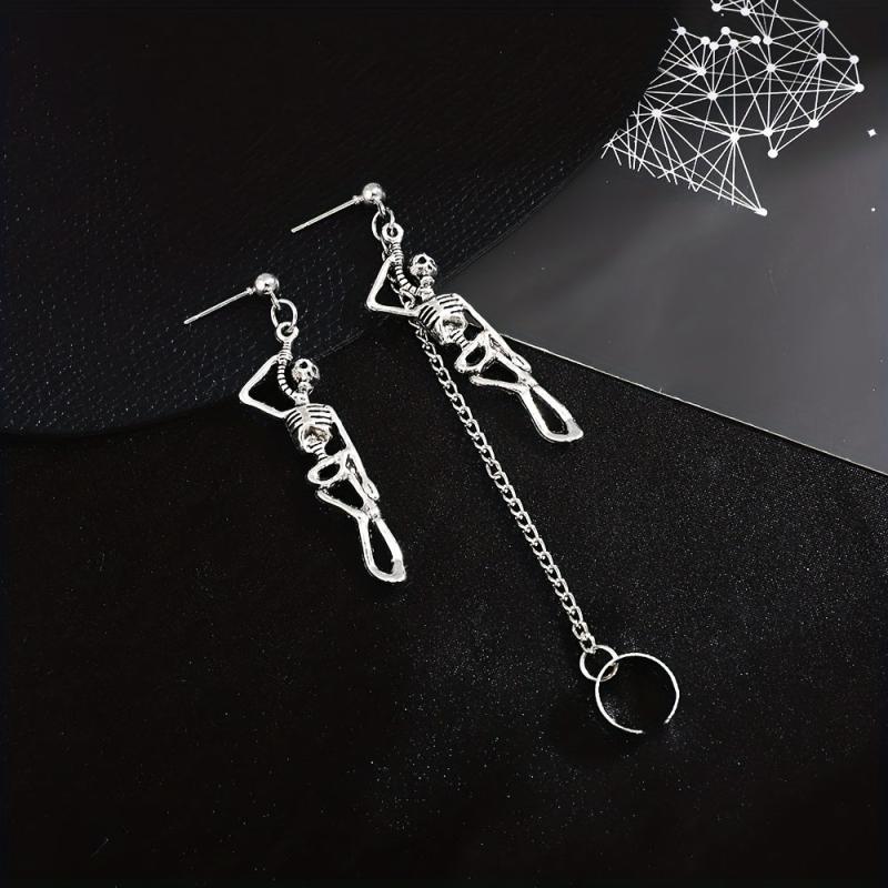 Halloween Skeleton Chain Asymmetric Dangle Earrings Retro Goth Style Jewelry