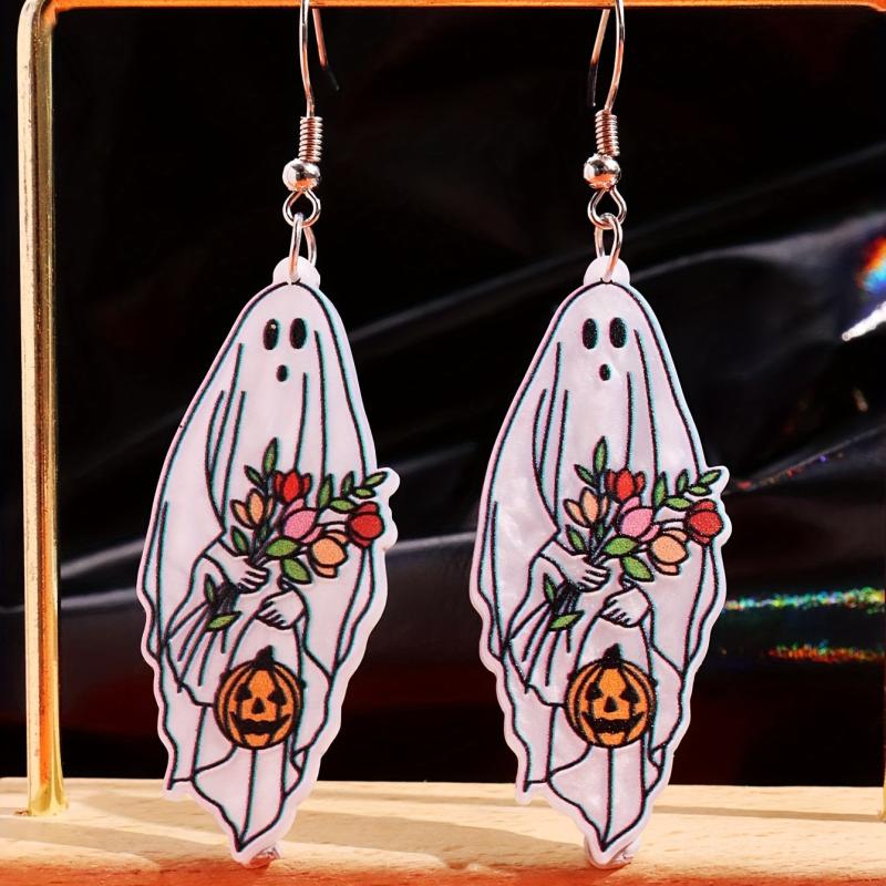 Halloween Ghost Colorful Flower Pumpkin Dangle Earrings