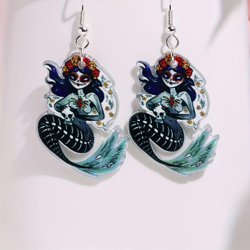 Halloween Horror Mermaid Skull Dangle Earrings Goth Style Acrylic Jewelry