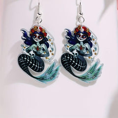 Halloween Horror Mermaid Skull Dangle Earrings Goth Style Acrylic Jewelry