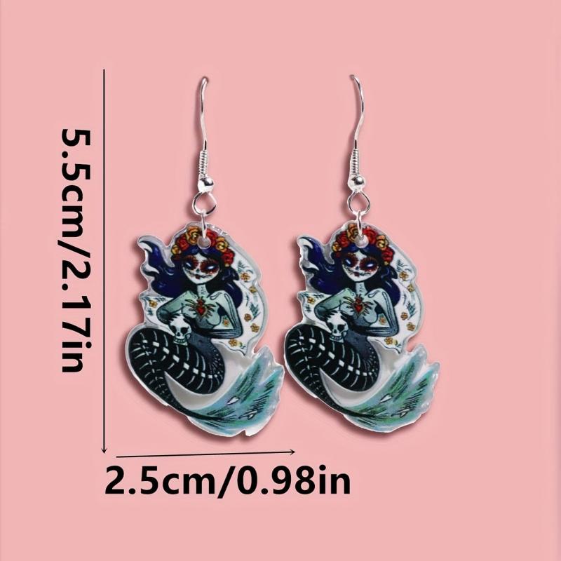 Halloween Horror Mermaid Skull Dangle Earrings Goth Style Acrylic Jewelry
