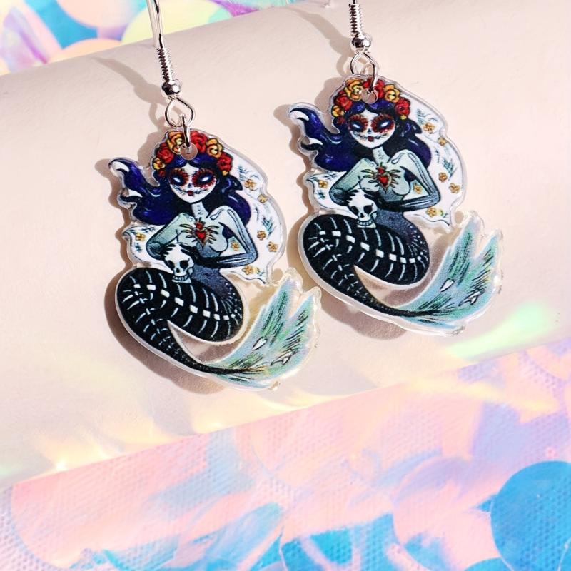 Halloween Horror Mermaid Skull Dangle Earrings Goth Style Acrylic Jewelry