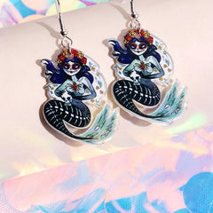 Halloween Horror Mermaid Skull Dangle Earrings Goth Style Acrylic Jewelry