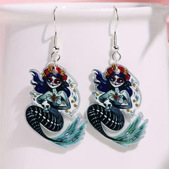 Halloween Horror Mermaid Skull Dangle Earrings Goth Style Acrylic Jewelry