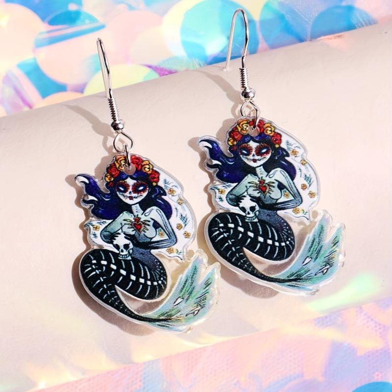 Halloween Horror Mermaid Skull Dangle Earrings Goth Style Acrylic Jewelry