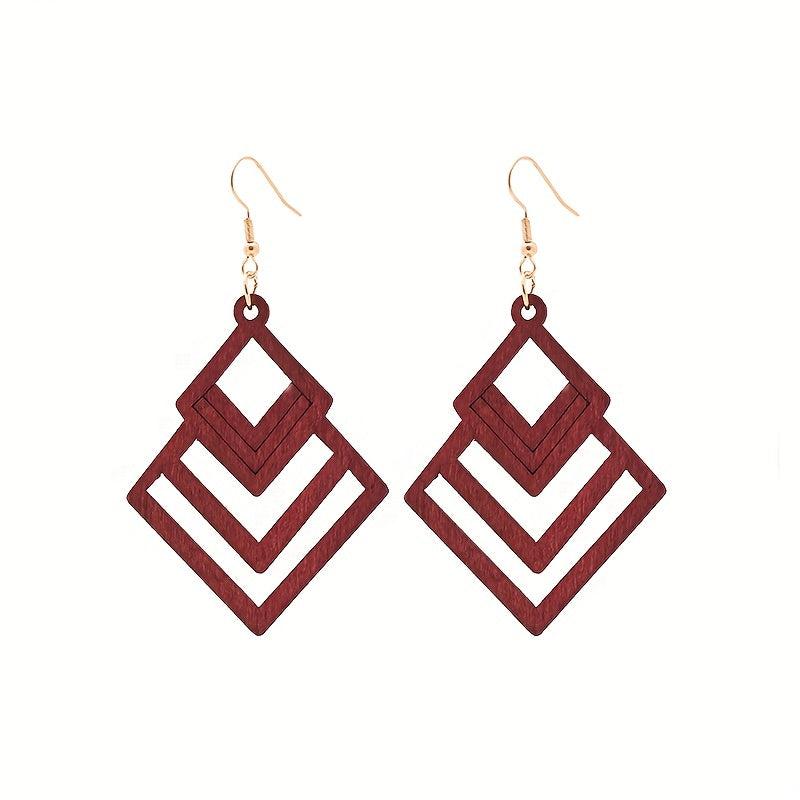 Hollow Rhombus Shape Dangle Earrings Wooden Jewelry Fall Winter Ear Ornament