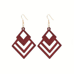 Hollow Rhombus Shape Dangle Earrings Wooden Jewelry Fall Winter Ear Ornament