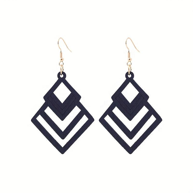 Hollow Rhombus Shape Dangle Earrings Wooden Jewelry Fall Winter Ear Ornament