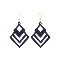 Hollow Rhombus Shape Dangle Earrings Wooden Jewelry Fall Winter Ear Ornament