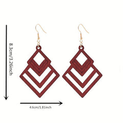 Hollow Rhombus Shape Dangle Earrings Wooden Jewelry Fall Winter Ear Ornament