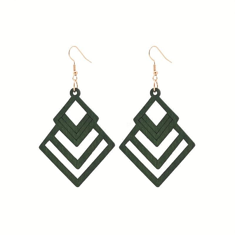 Hollow Rhombus Shape Dangle Earrings Wooden Jewelry Fall Winter Ear Ornament