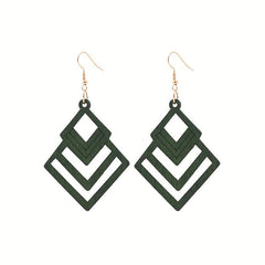 Hollow Rhombus Shape Dangle Earrings Wooden Jewelry Fall Winter Ear Ornament